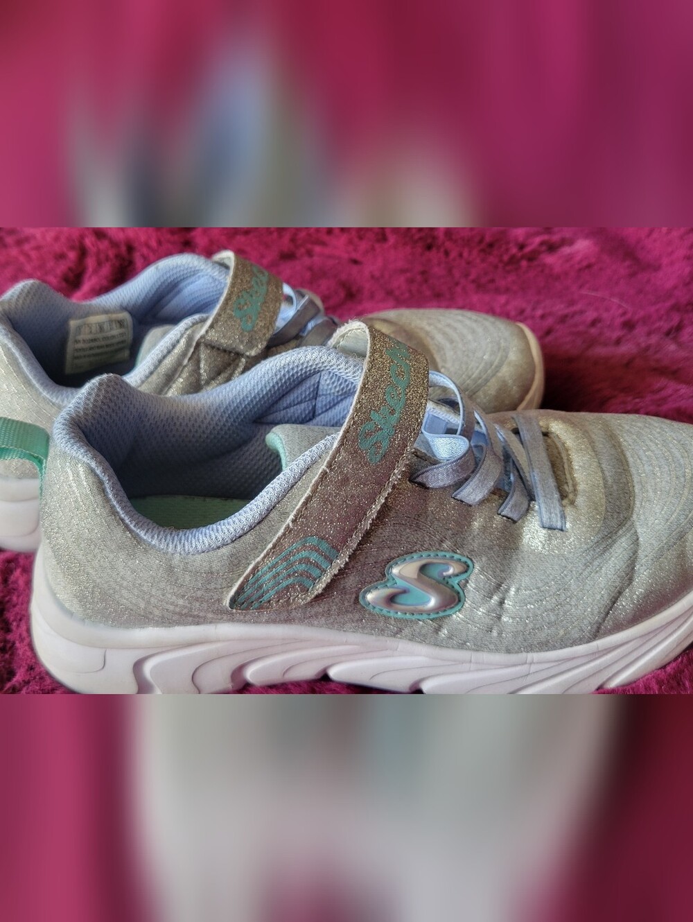 Skechers Kids Silver Glitter Sneakers with Teal Accents